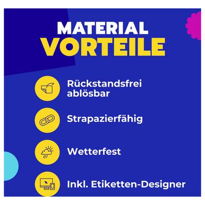 'Etiketten einfach schnell gestalten und drucken! Design and print your labels easily!' Inklusive ablösbare und ultra starke Etiketten. Tabellen zeigen verfügbare Formate und Codes.