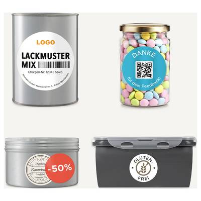 '20% SALE' Etiketten auf grüner Tasse. Hinweis auf ablösbare, wetterfeste Etiketten von Avery Zweckform für Innen- und Außenbereich.