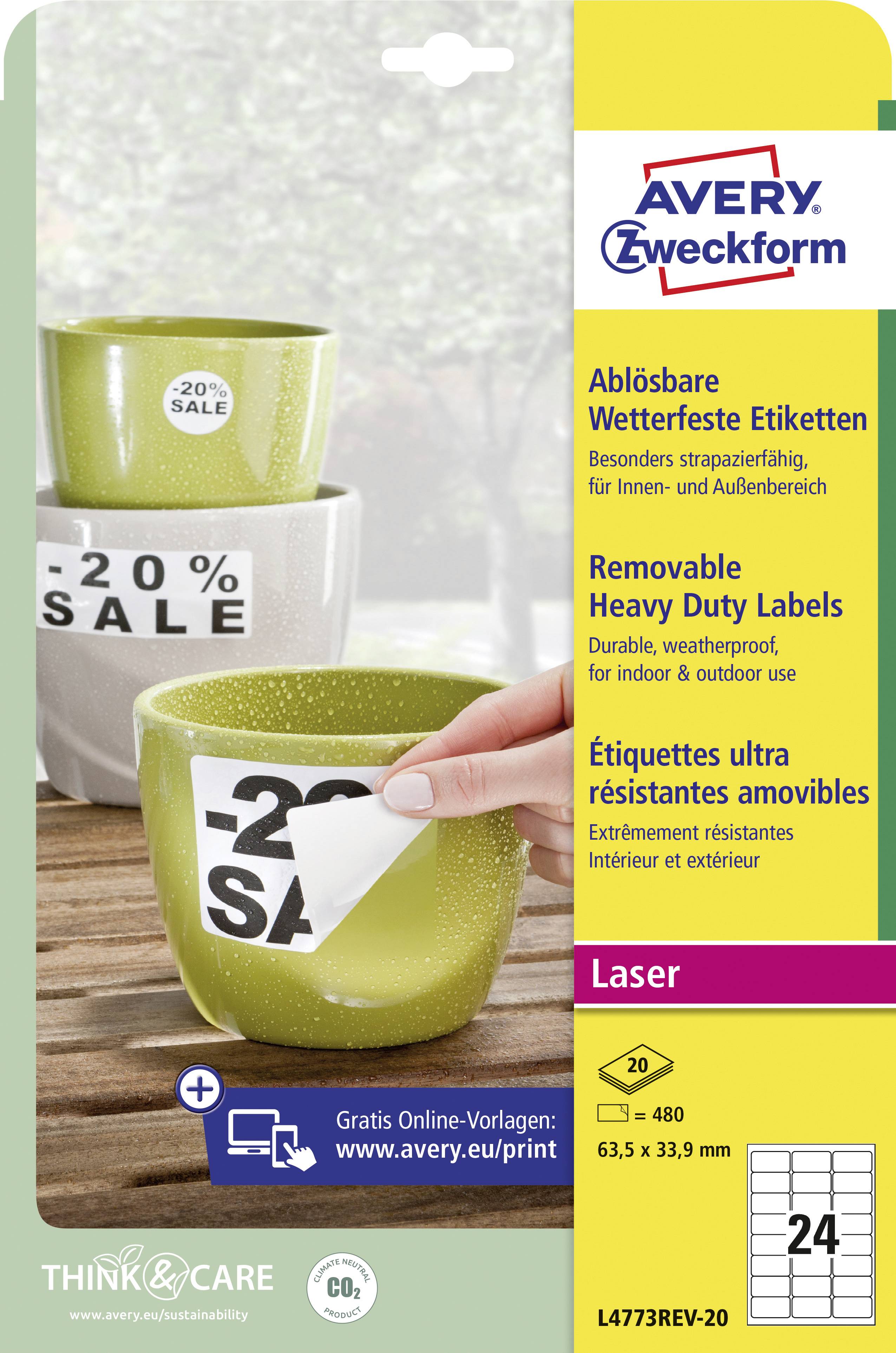'20% SALE' auf Etiketten-Set von Avery Zweckform, wetterfest, 24 Etiketten pro Packung. Enthält Online-Vorlagen-Hinweis.