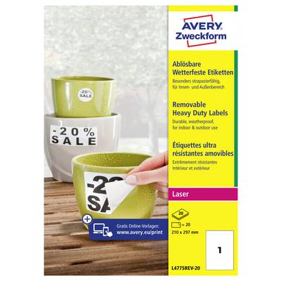 Avery Zweckform ablösbare Etiketten mit hoher Haftung, Paket mit 20% Verkaufsstickern auf Tassen, für Laserdrucker, 210 x 297 mm, 1 Blatt.