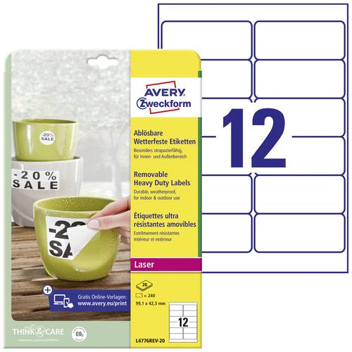 Thumbnail - Avery-Zweckform L4776REV-20 Folien-Etiketten 99.1 x 42.3 mm Polyester-Folie Weiß 240 St. Wiederablösbar Farblaserdrucker...