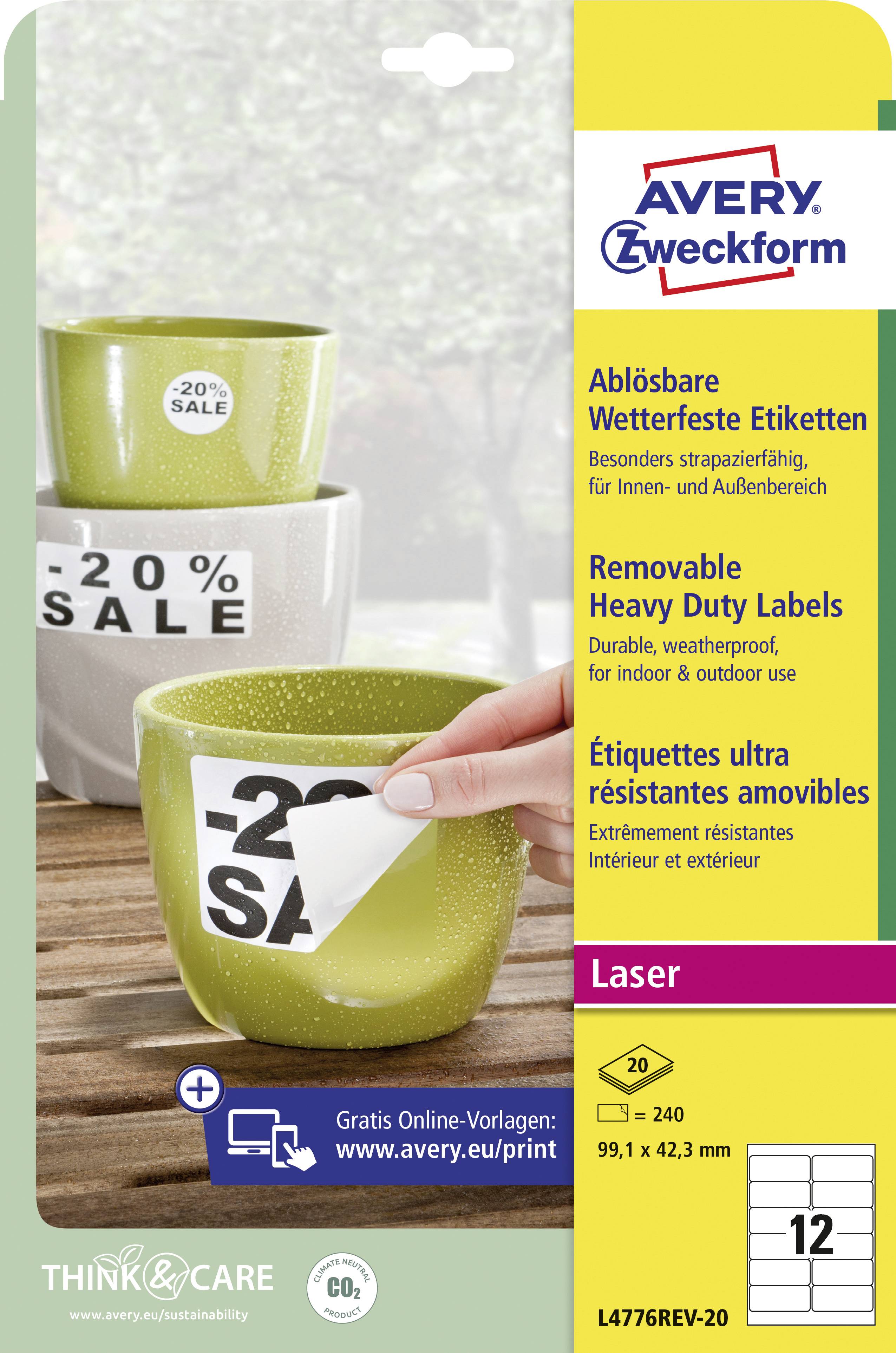 'Produktverpackung für Avery Zweckform ablösbare wetterfeste Etiketten, mit grüner Tasse. Für Innen- und Außeneinsatz, Laser komp. 240 Etiketten.'