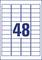 Eine Tabelle mit der Zahl 48 in der Mitte, umgeben von rechteckigen Feldern. Sie erinnert an Etikettenbögen oder Aufkleber.
