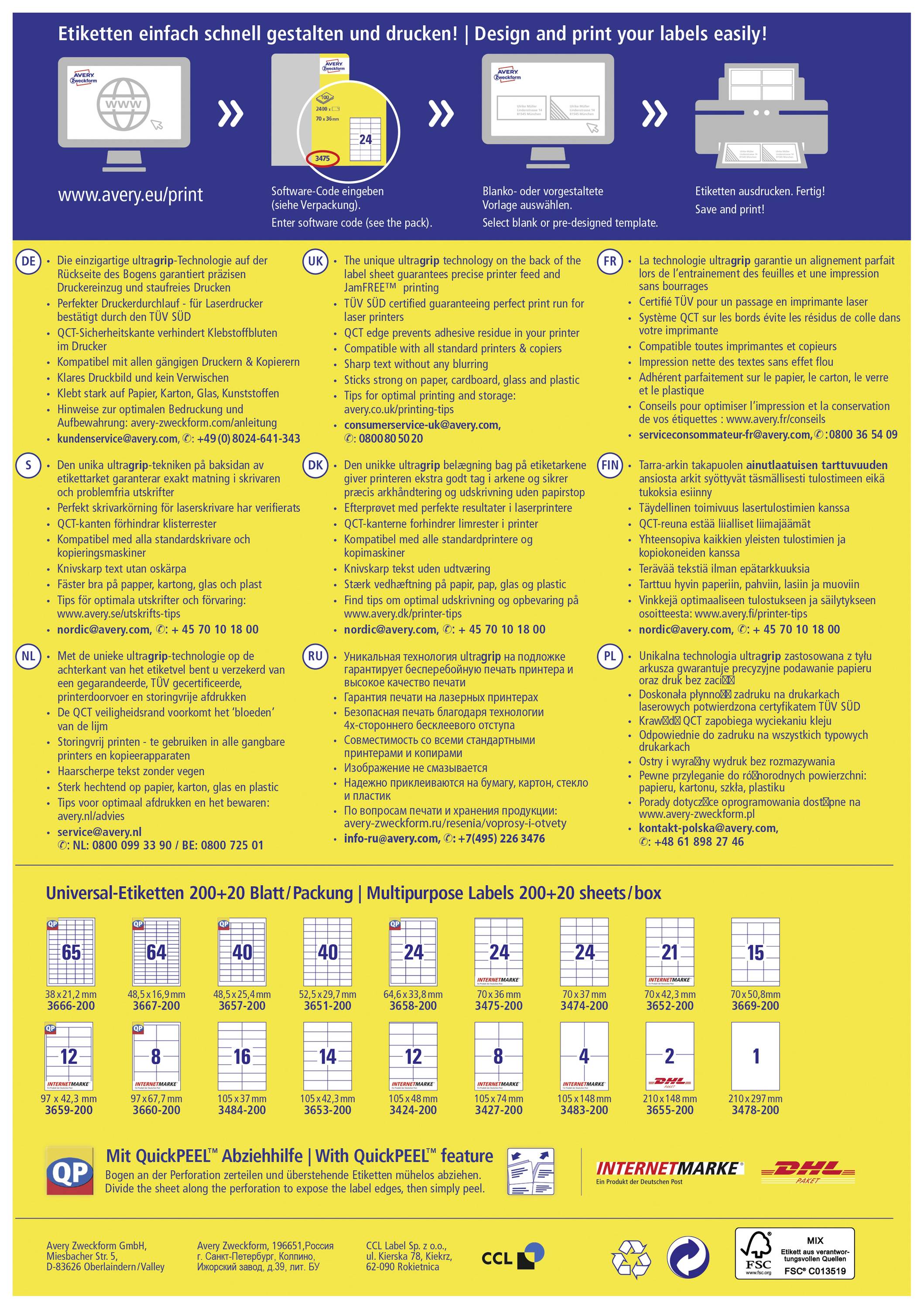 Poster mit Anweisungen zur Gestaltung und zum Drucken von Etiketten. Enthält Tipps, Vorteile des Produkts und Kontaktinformationen. Die Tabelle unten zeigt Etikettenformate und -größen.
