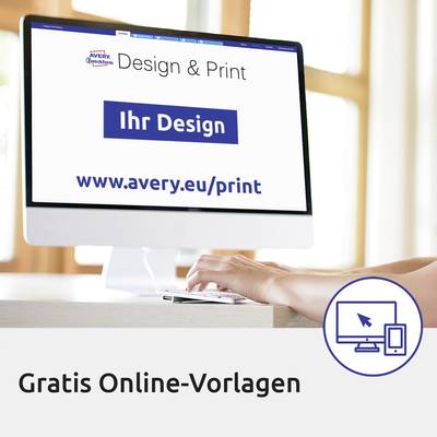 Ein Bildschirm zeigt eine Webseite mit 'Ihr Design'. Darunter steht www.avery.eu/print. Text: 'Gratis Online-Vorlagen'. Im Vordergrund eine Hand.