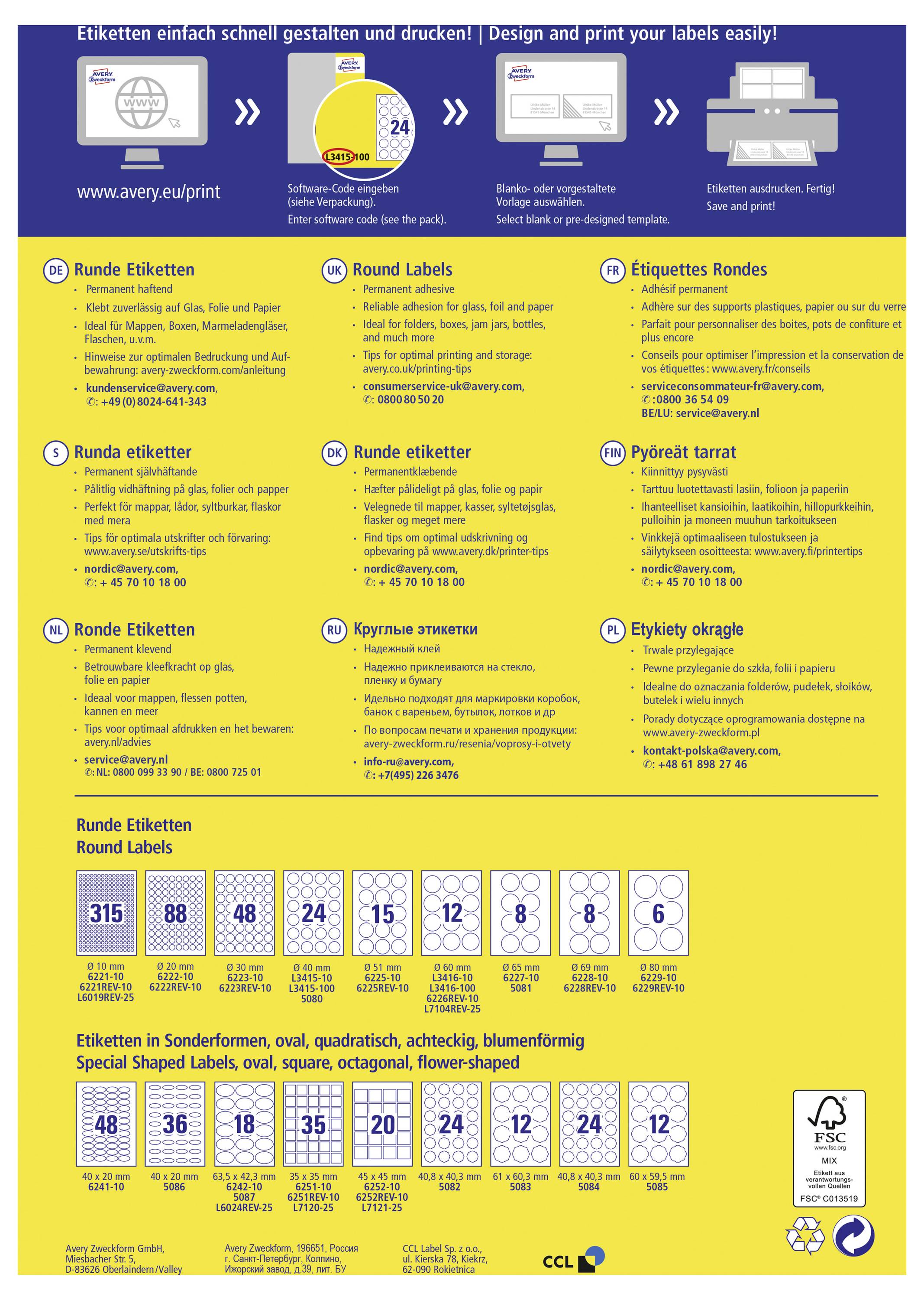 Mehrsprachiges Plakat für Avery-Rundenetiketten mit Gestaltung, Druck- und Anwendungsschritten sowie Größenoptionen für runde und spezialgeformte Etiketten.