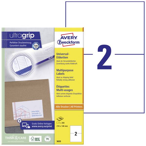 Avery-Zweckform 3655 Universal-Etiketten 210 x 148 mm Papier Weiß 200 St. Permanent haftend Tintenstrahldrucker, Laserdrucker, Farblaserdrucker, Kopierer, Farbkopierer, Handbeschriftung
