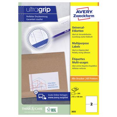 Avery Zweckform Universal Mehrzweck-Etiketten für alle Drucker, Größe 210 x 148 mm, 100 Blatt, mit 'ultragrip' und Think & Care Branding.