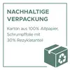 Nachhaltige Verpackung: Karton aus 100% Altpapier, Schrumpffolie mit 30% Rezyklatanteil. Zeichen für Recycling auf Karton.