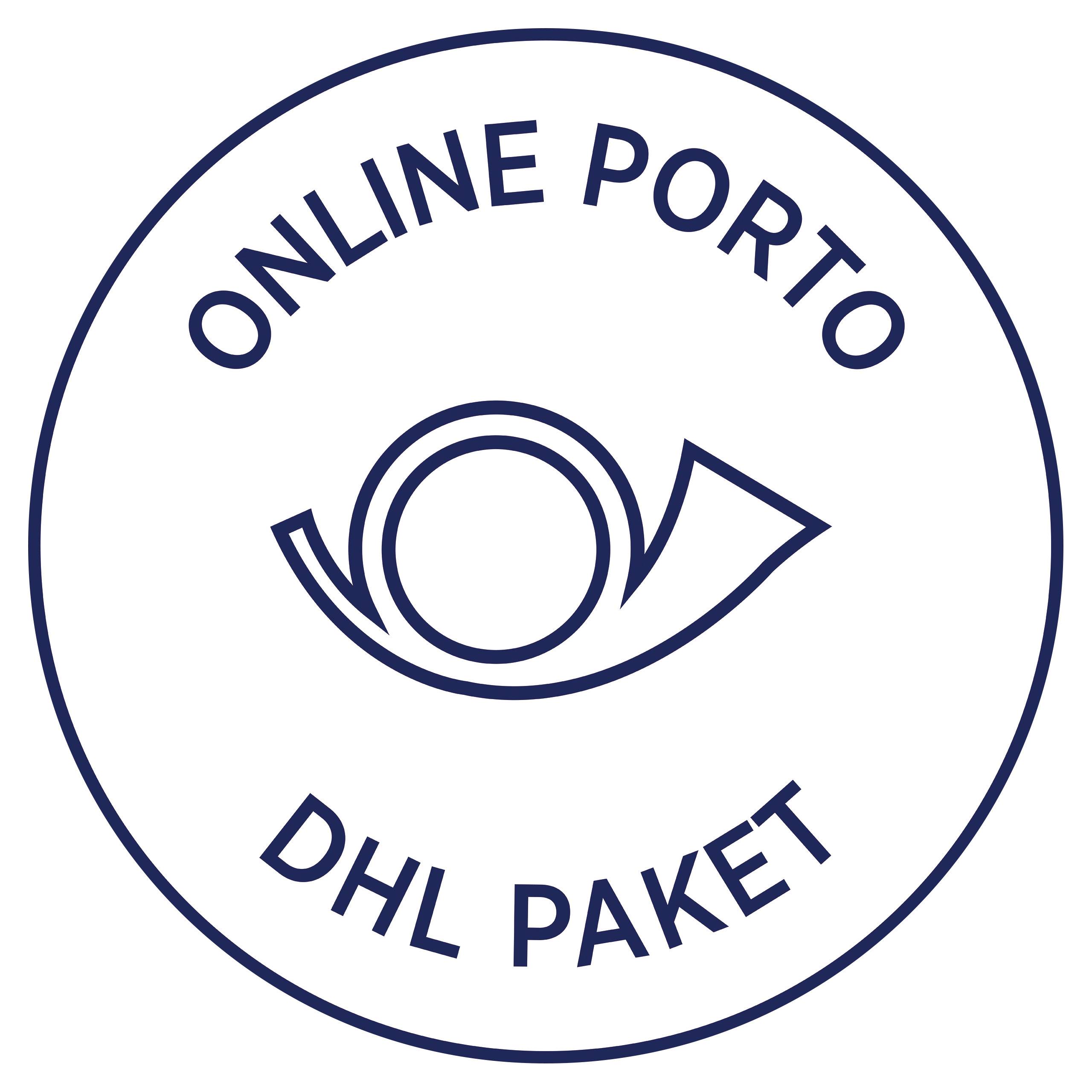 Ein Logo mit dem Text 'Online Porto DHL Paket' umgibt ein stilisiertes Posthorn.