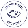 Ein Logo mit dem Text 'Online Porto DHL Paket' umgibt ein stilisiertes Posthorn.