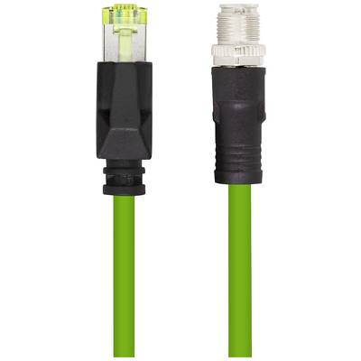 'Grünes Ethernet-Kabel mit RJ45-Stecker und schwarzem Gehäuse neben einem schwarzen Rundstecker mit Metallverschluss.'