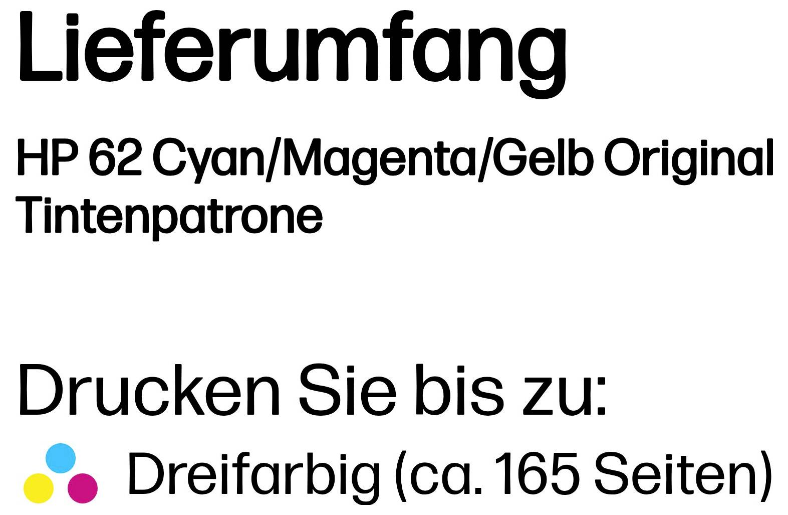Deutsches Produktbild mit der Aufschrift „Lieferumfang“: HP 62 Original-Tintenpatrone in Cyan/Magenta/Gelb, druckt bis zu 165 Farbseiten.