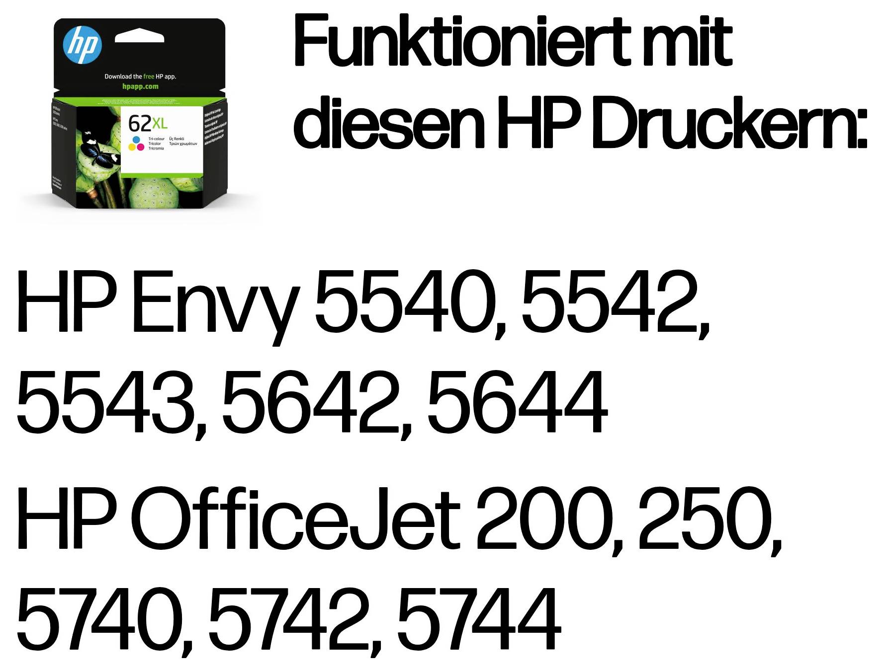 HP 62XL Tintenpatrone Bild mit deutschem Text: „Funktioniert mit diesen HP Druckern“ und kompatiblen Modellen HP Envy 5540, 5542, 5543, 5642, 5644 und OfficeJet 200, 250, 5740, 5742, 5744.
