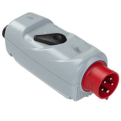 Schwerer Industrie-Stecker in grau mit rotem Ende, fünf Pins sichtbar. Hauptschalter auf der Oberseite. Geeignet für Kraftstromverbindungen.
