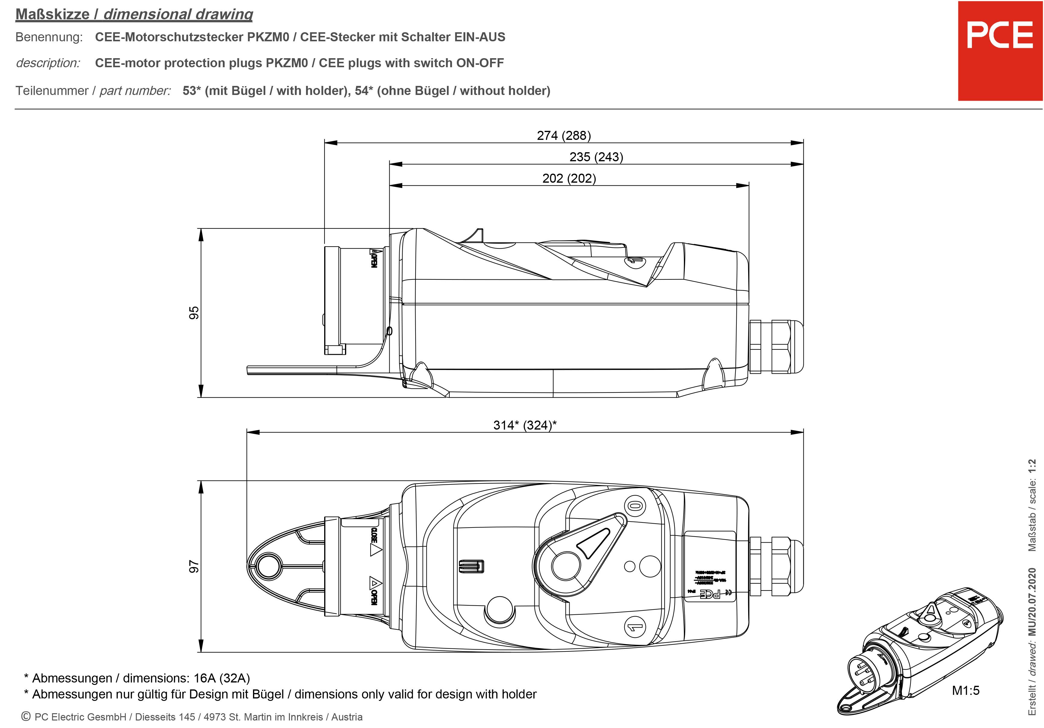 'Maßskizze eines CEE-Motorenschutzsteckers mit Schalter. Abmessungen und technische Zeichnungen von verschiedenen Ansichten.'