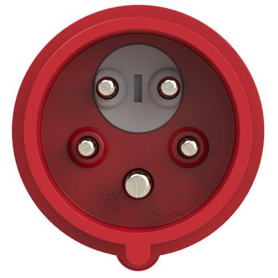 Roter dreipoliger Stecker, oft für Drehstrom- oder Starkstromverbindungen in industriellen Anwendungen genutzt.