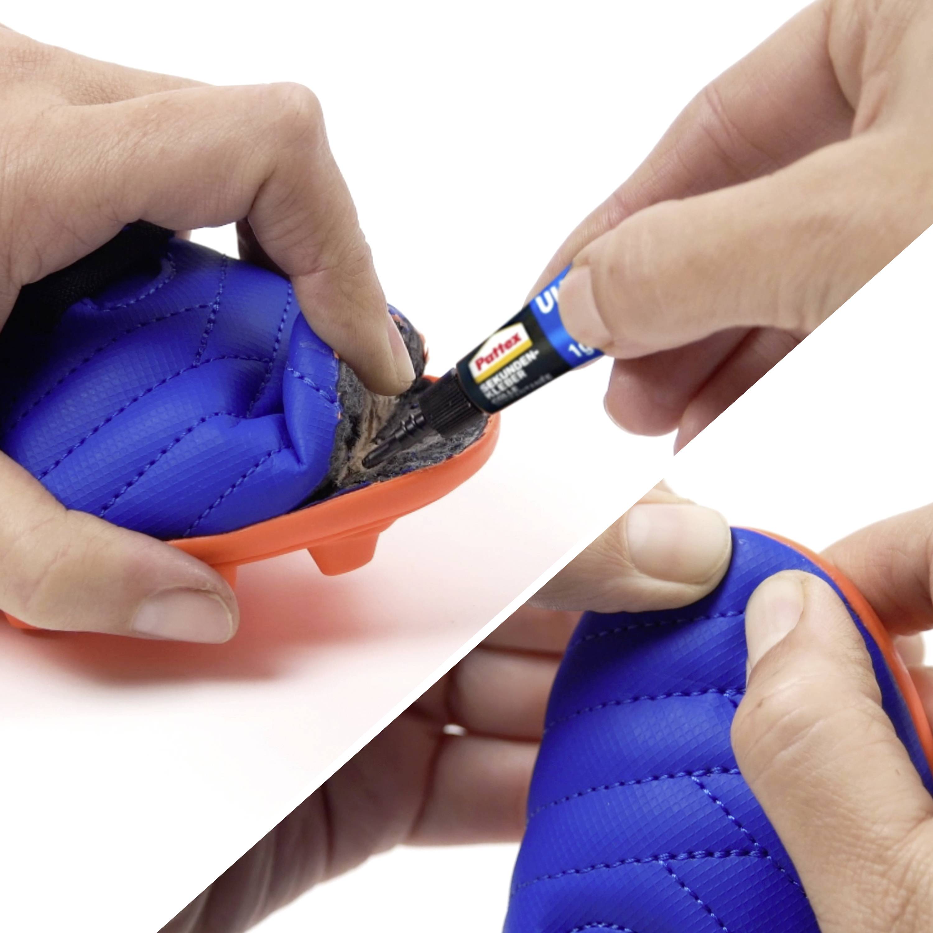 Eine Person trägt Kleber auf, um die Sohle eines blauen Schuhs zu reparieren, den sie in der Hand hält und dabei einen Reparaturvorgang veranschaulicht.