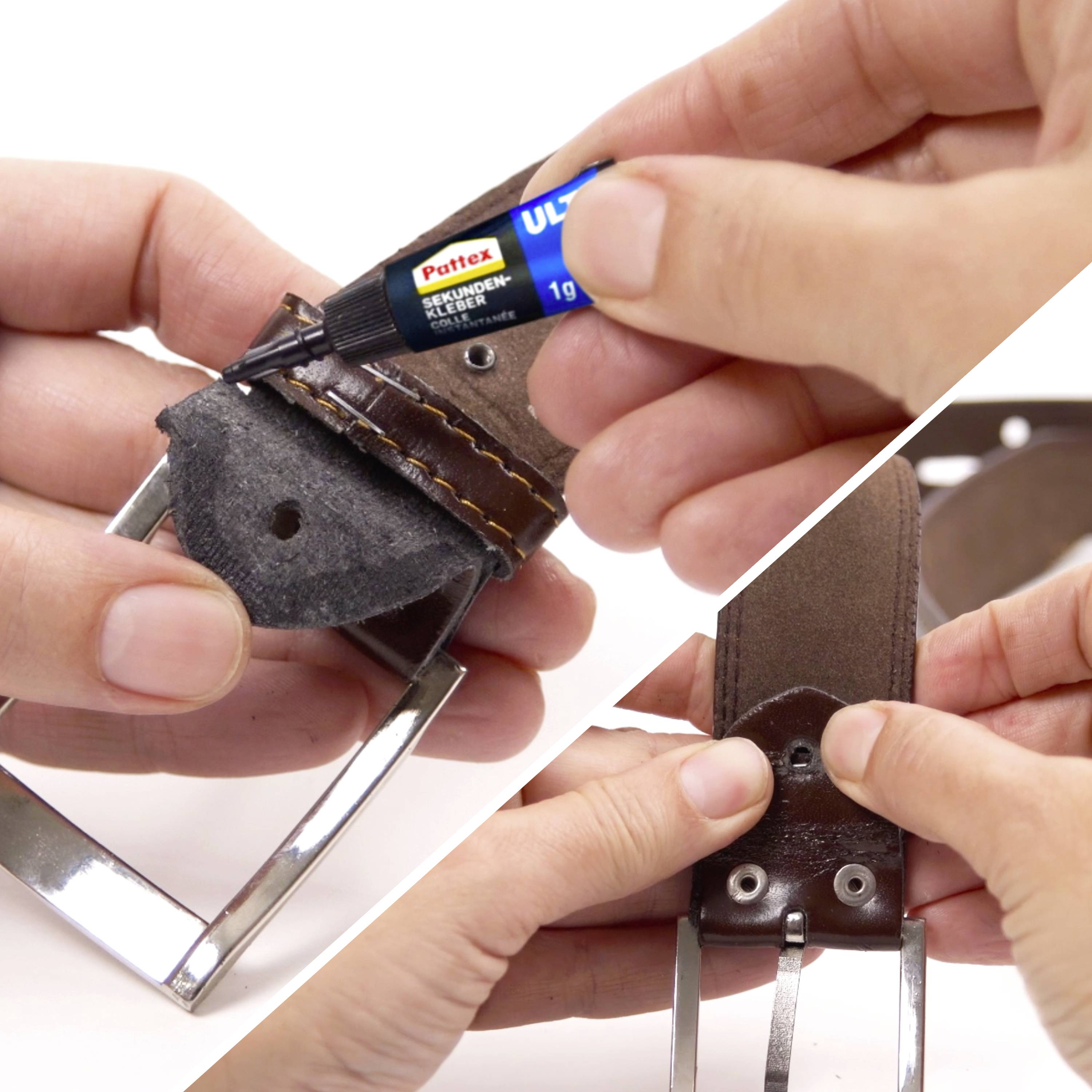 Hände, die Kleber auf einen Ledergürtel auftragen, bevor eine Metallschnalle angebracht wird, zeigen den Reparaturprozess.