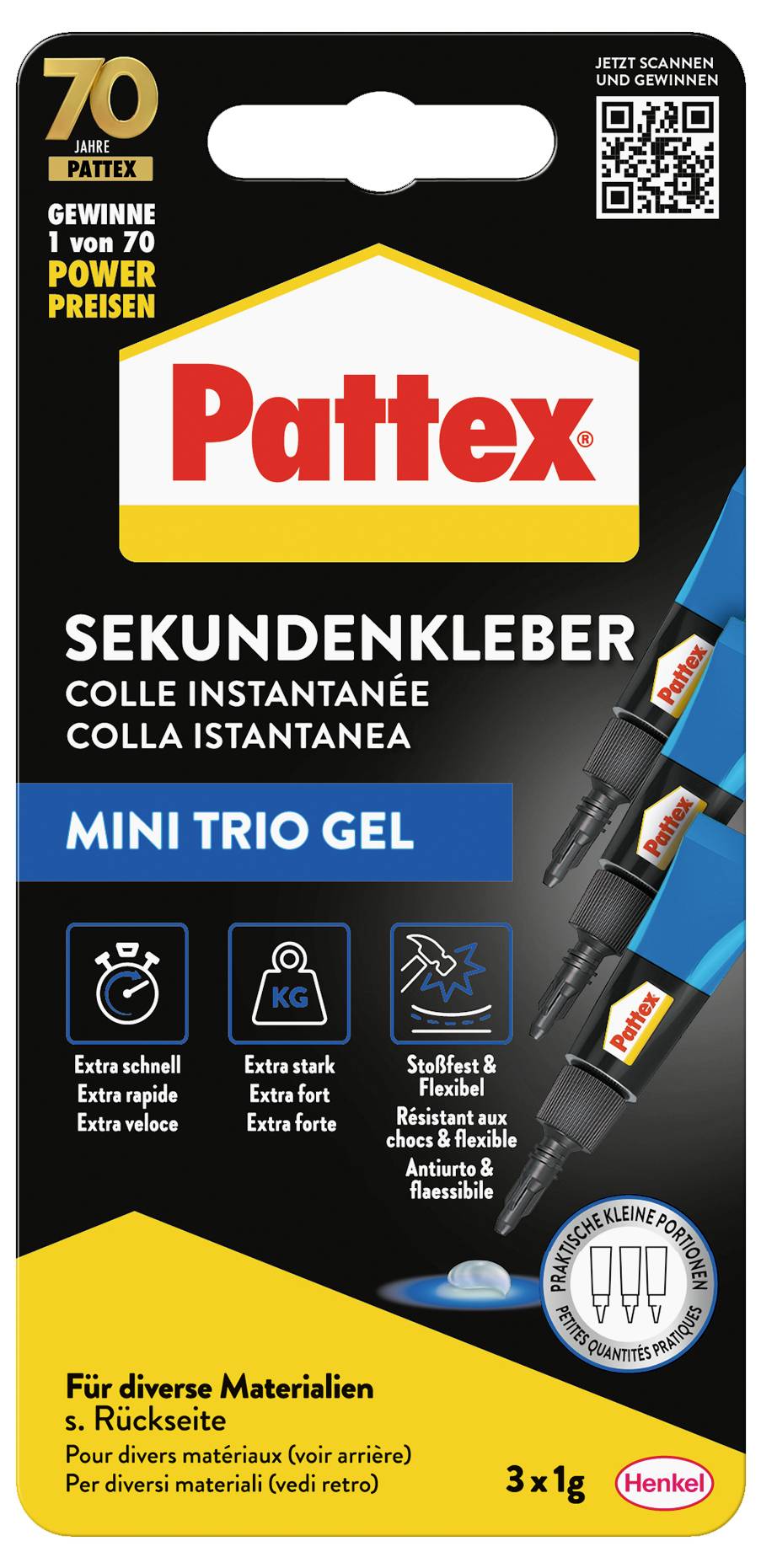 „Pattex Sekundenkleber Mini Trio Gel" Klebstoffpack, 3 Tuben für verschiedene Materialien; schnelle und starke Bindung; Gewicht: 3x1g.