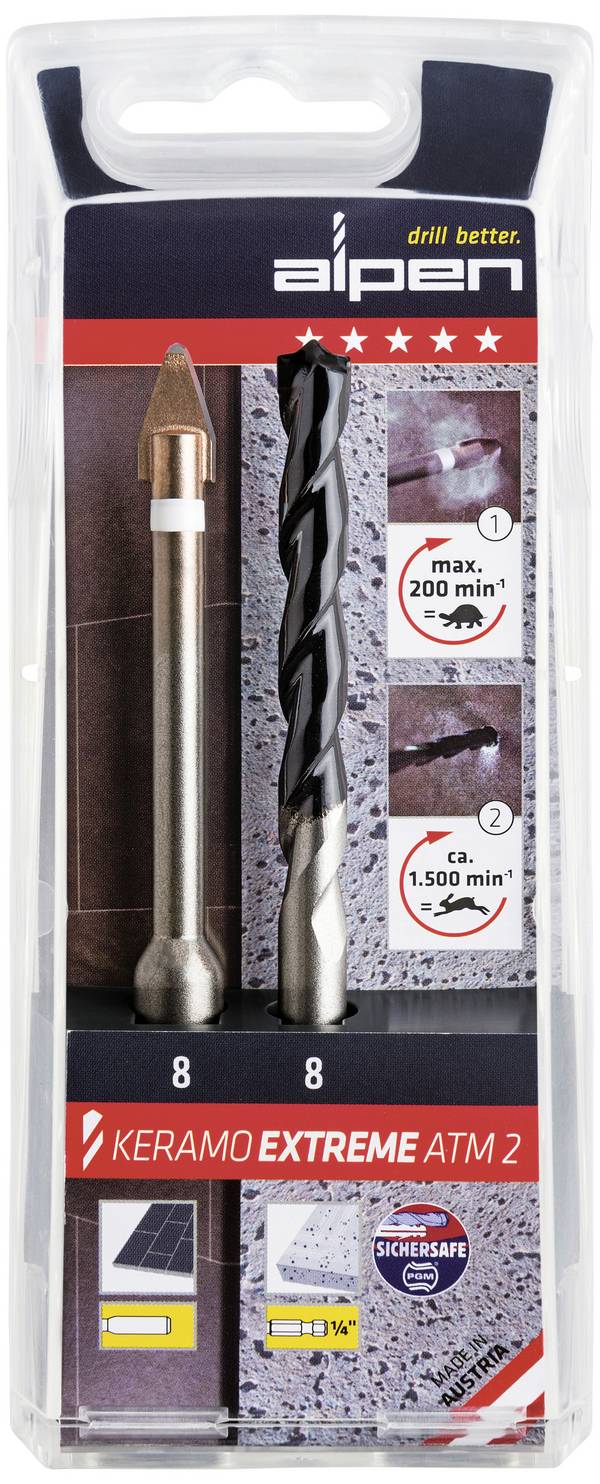 Alpen 300082100 Glas- und Fliesenbohrer-Set 2teilig 8 mm  1/4" (6.3 mm), Zylinderschaft 1 Set