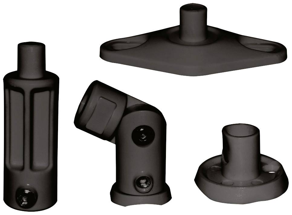 Vier schwarze Kunststoffteile in verschiedenen Formen für Montage- oder Verbindungszwecke, darunter Gelenk- und Halterungselemente.