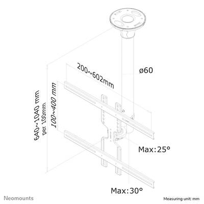 Diagramm einer Deckenhalterung für Projektor. Maße: Höhe 640-1040 mm, verstellbar; Breite 100-400 mm; max. Neigungen: 25° und 30°.
