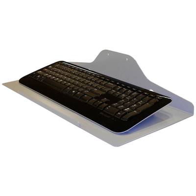 Eine schwarze Tastatur liegt schräg auf einem weißen Ständer, der zur ergonomischen Nutzung geneigt ist.