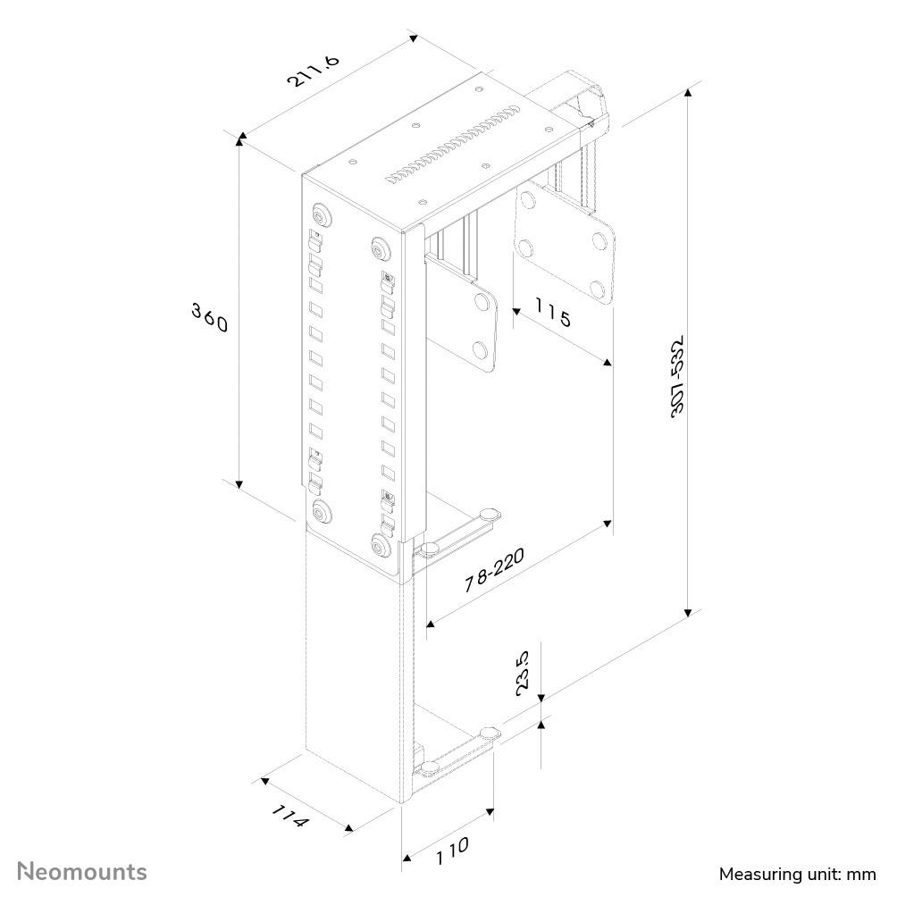 'Technische Zeichnung einer Halterung mit Maßen in mm: Höhe 360, Breite 110, Tiefe 114. Einstellbare Bereiche von 78-220 und 115-552.'