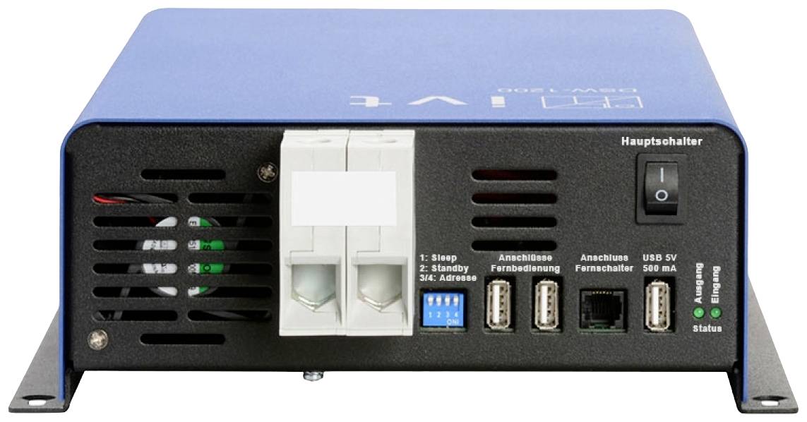 Ein blaues elektronisches Gerät mit einem Hauptschalter, USB-Anschlüssen und verschiedenen elektrischen Anschlüssen auf der Vorderseite.