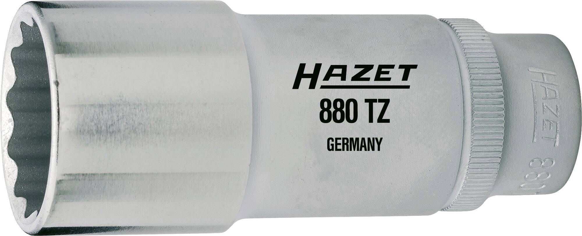 Hazet Steckschlüssel 880 TZ, gefertigt in Deutschland, silberfarben mit gerändeltem Griff für verbesserten Halt.