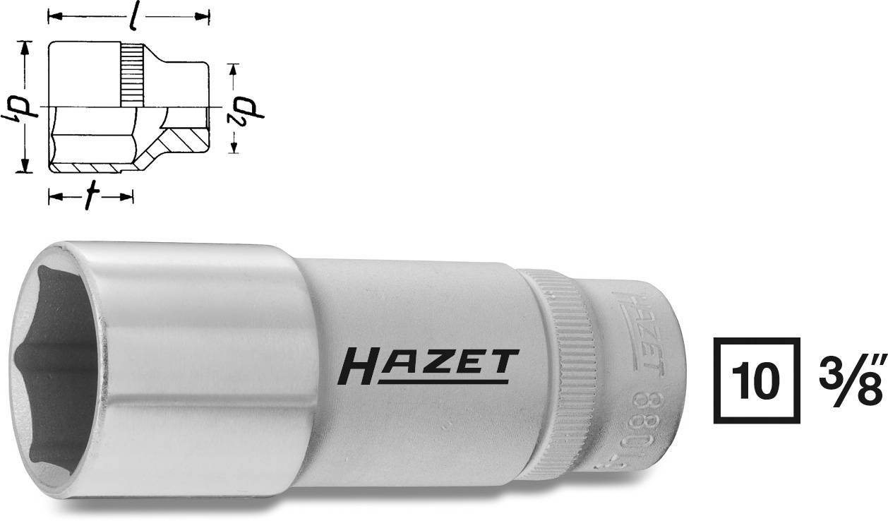 Stecknuss mit Rändelung von Hazet. Technische Zeichnung zeigt Maße im Querschnitt. Größe: 10 mm, 3/8 Zoll.