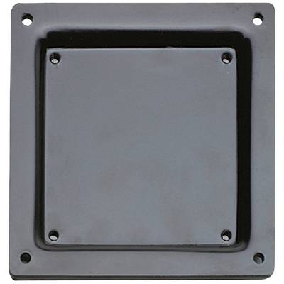 Eine schwarze, quadratische Metallplatte mit abgerundeten Ecken und acht Schraublöchern entlang der Kanten, auf einer glatten Oberfläche.