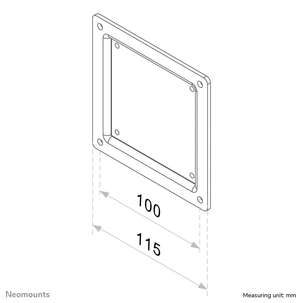 Isometrische Zeichnung einer quadratischen Metallplatte mit Bohrlöchern. Maße: Breite 100 mm, Tiefe 115 mm. Maßeinheit: mm.