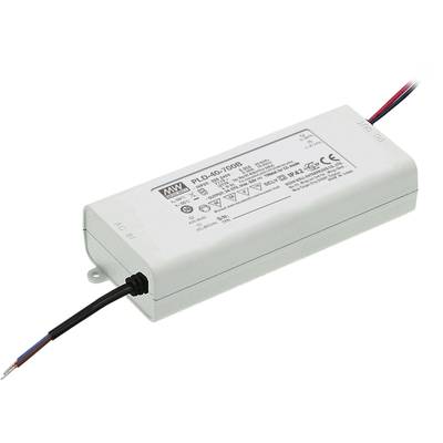 LED-Transformator mit weißen Kunststoffgehäuse und beschrifteten technischen Spezifikationen. Zwei Kabel sind angeschlossen.