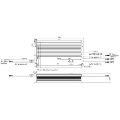 Diagramm einer LED-Stromversorgung mit Abmessungen, Anschlüssen für AC- und DC-Kabel. Temperaturmessungspunkt als 'Tc' gekennzeichnet.