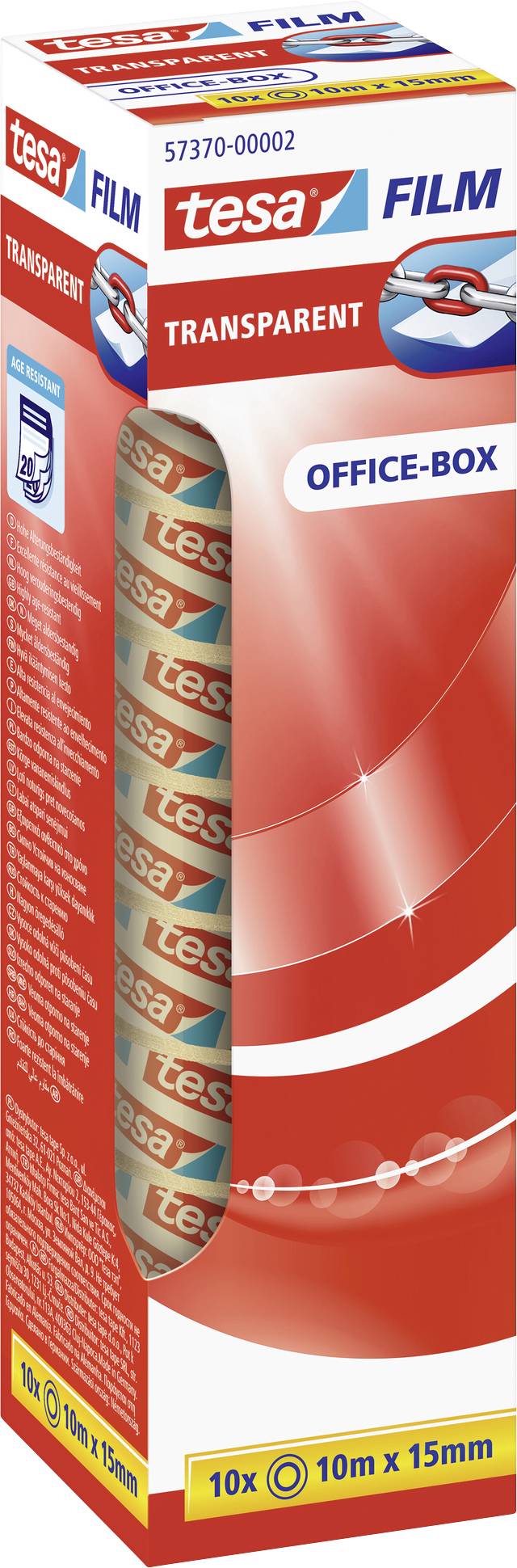 Durchsichtige Klebebandrolle in einer rot-blau-weißen Verpackung der Marke 'tesa', mit 10 Rollen à 10 m x 15 mm für Büroanwendungen.