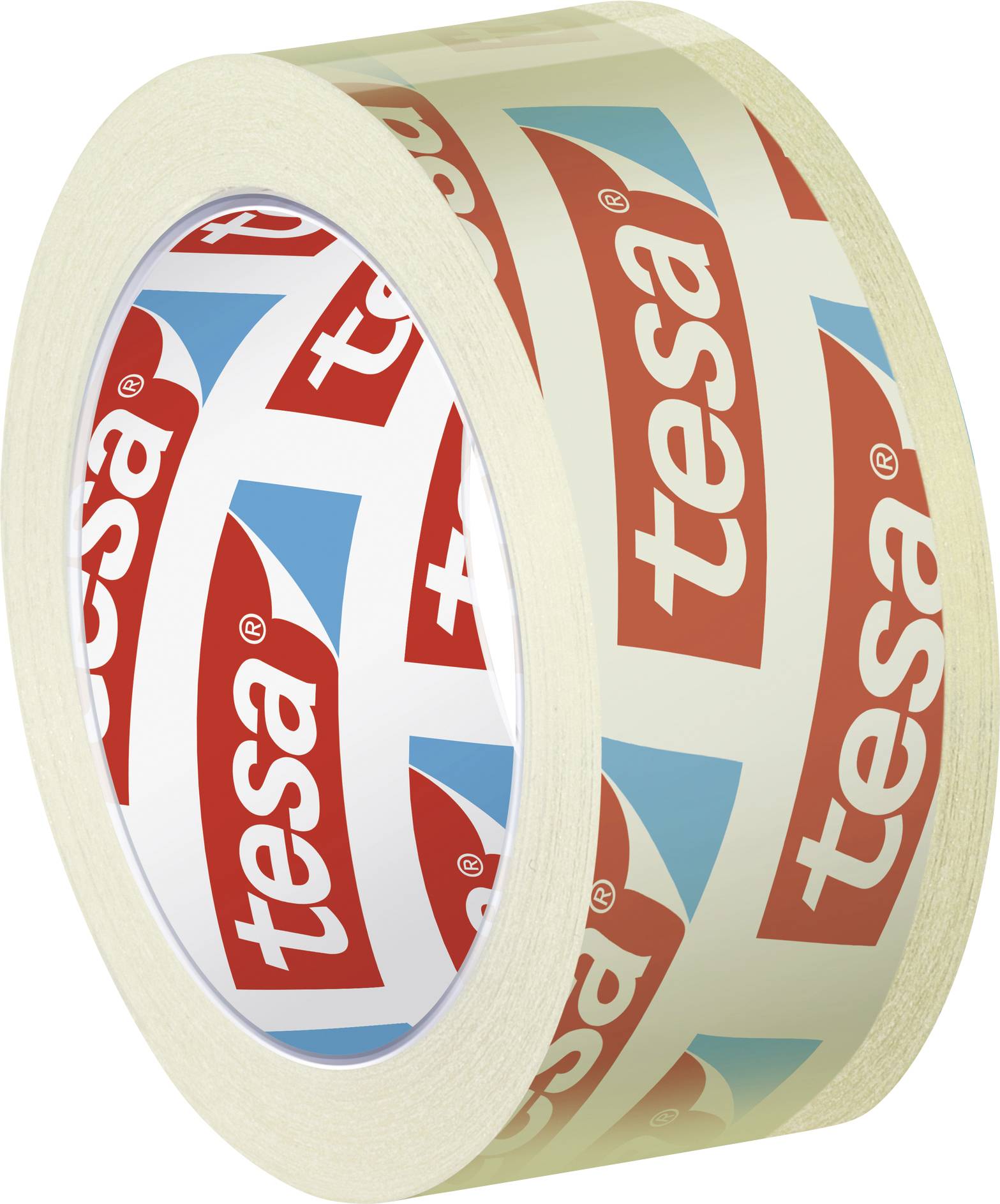 Rolle transparentes Klebeband mit rotem und blauem 'tesa'-Logo, geeignet für vielseitige Anwendungen beim Verpacken und Befestigen.