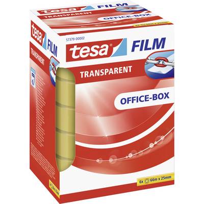 Die Abbildung zeigt eine rote und blaue Verpackung mit der Aufschrift 'tesa FILM TRANSPARENT OFFICE-BOX'. Enthält 6 Rollen durchsichtiges Klebeband.