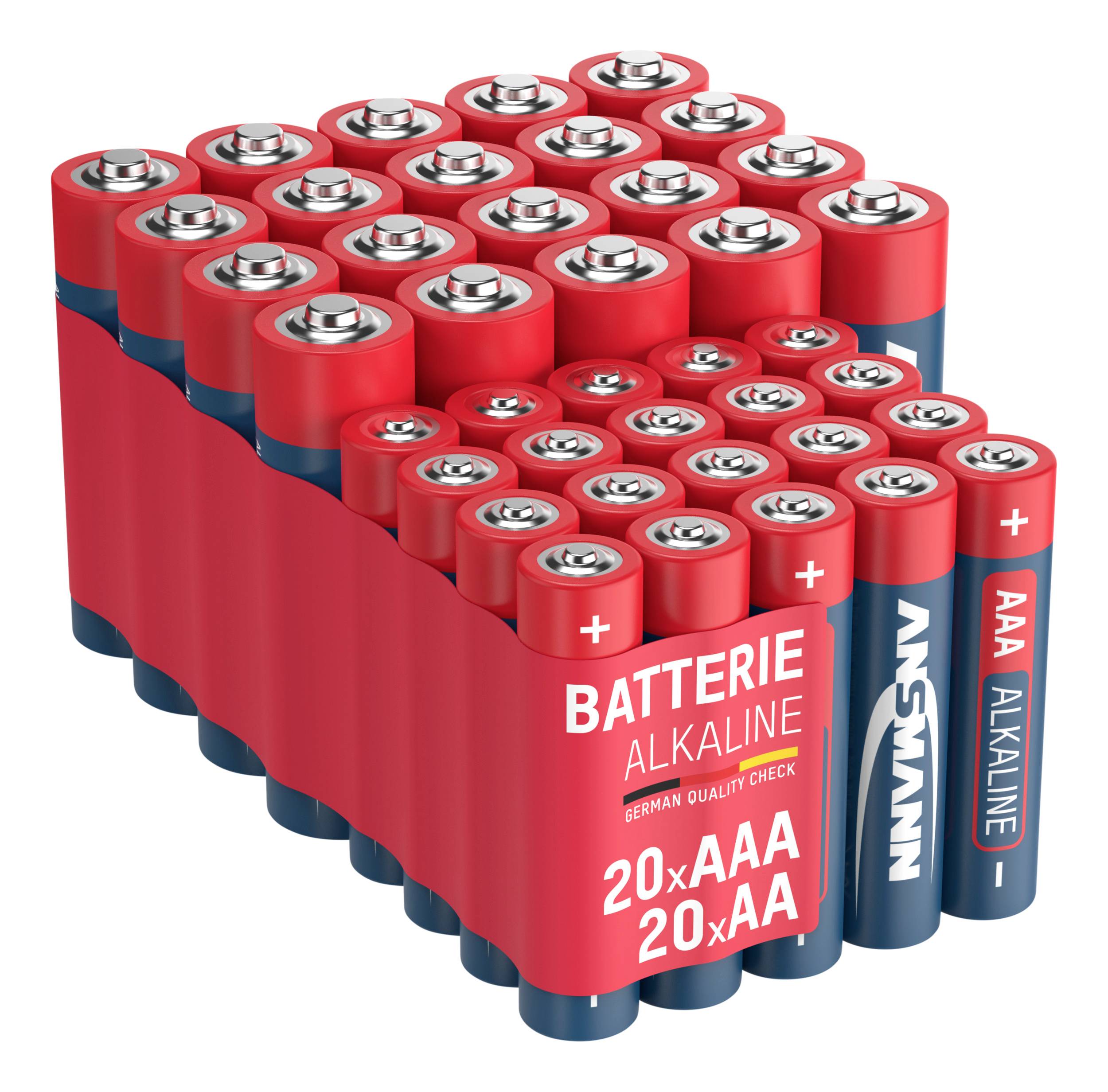 Eine Verpackung mit Batterien, 20 Stück AAA und 20 Stück AA, in rotem und blauem Design mit der Aufschrift 'Batterie Alkaline'.