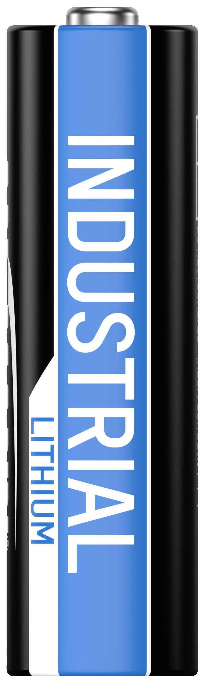 Schwarze Batterie mit blauem Streifen, beschriftet mit 'INDUSTRIAL LITHIUM'.