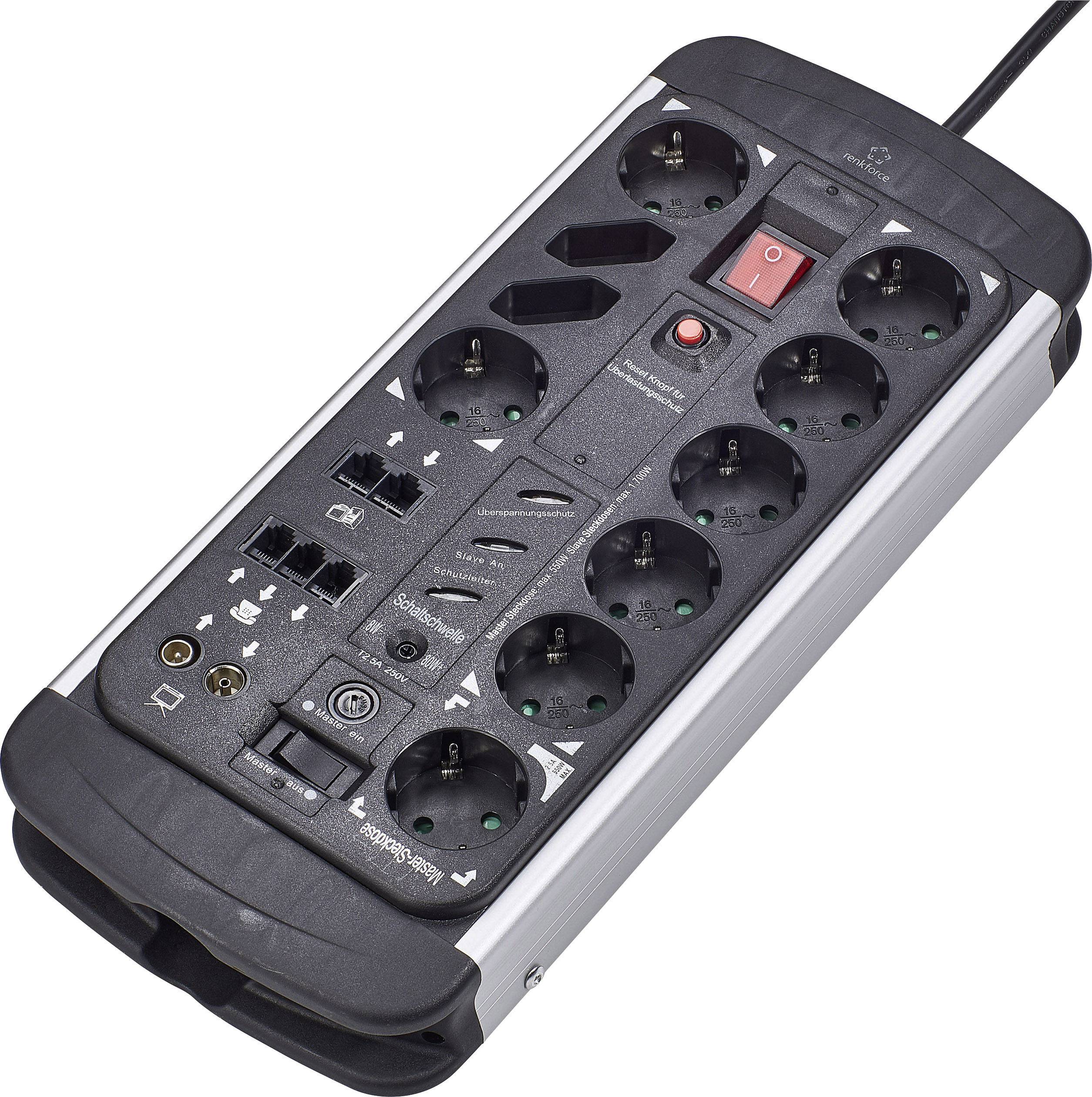 Steckdosenleiste mit acht Schuko-Anschlüssen, zwei Netzwerkanschlüssen, eingebautem Überspannungsschutz und rotem Ein-/Ausschalter.