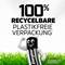 Batterie mit Gesicht steht auf grünem Gras, darüber der Text '100% recycelbare plastikfreie Verpackung'. Energizer-Markenlogo unten.