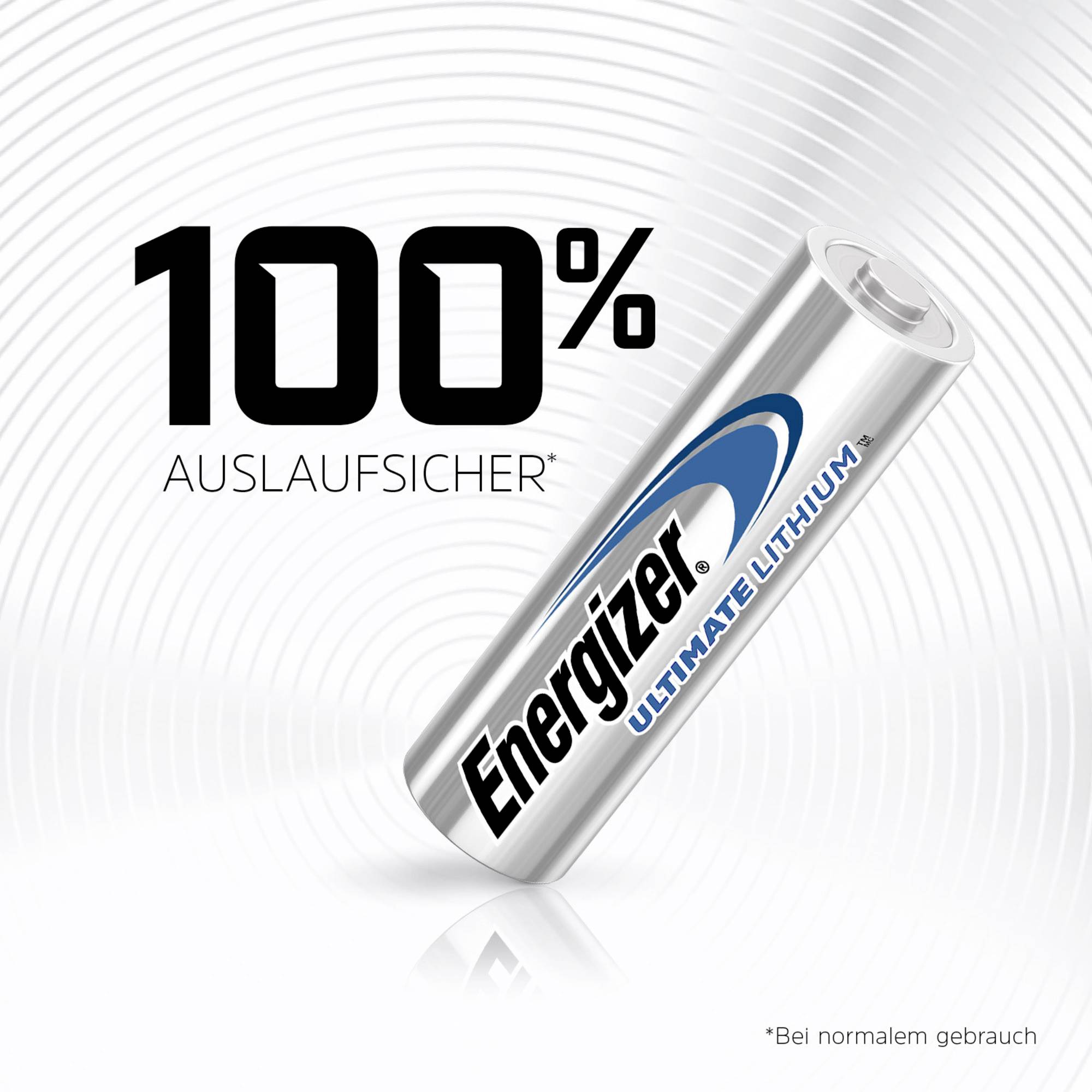 Batterie-Abbildung mit der Aufschrift 'Energizer Ultimate Lithium', daneben Text '100% auslaufsicher*'. Hintergrund mit kreisförmigen Linien.