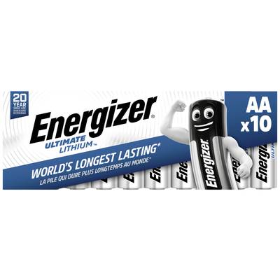 Energizer-Verpackung mit einer Cartoon-Batterie, die posiert. Text: „Energizer Ultimate Lithium”, „AA x 10”, „World's longest lasting”.