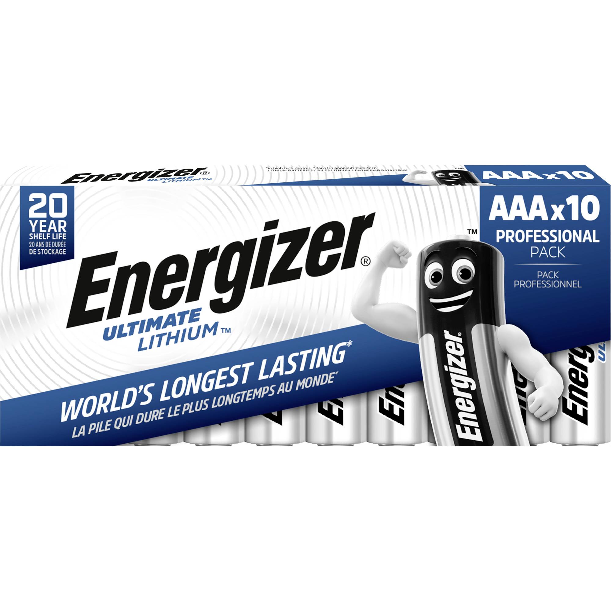 Eine Packung Energiestäbe mit der Aufschrift 'Energizer Ultimate Lithium AAA x10'. Verspricht lange Lebensdauer und Langlebigkeit.