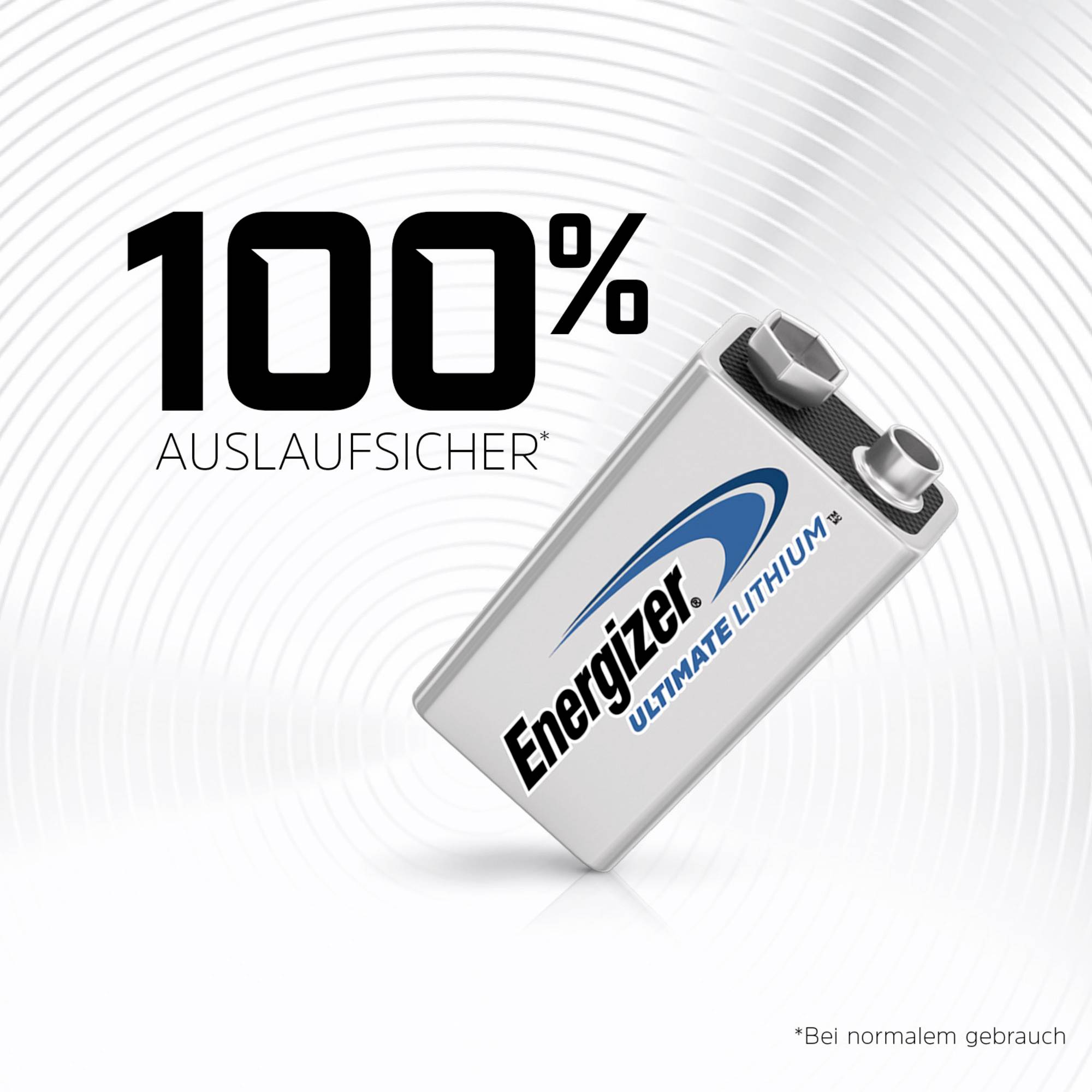 '100% auslaufsicher' und Bild einer quadratischen Energizer Ultimate Lithium-Batterie auf weißem Hintergrund mit kreisförmigen Linien.
