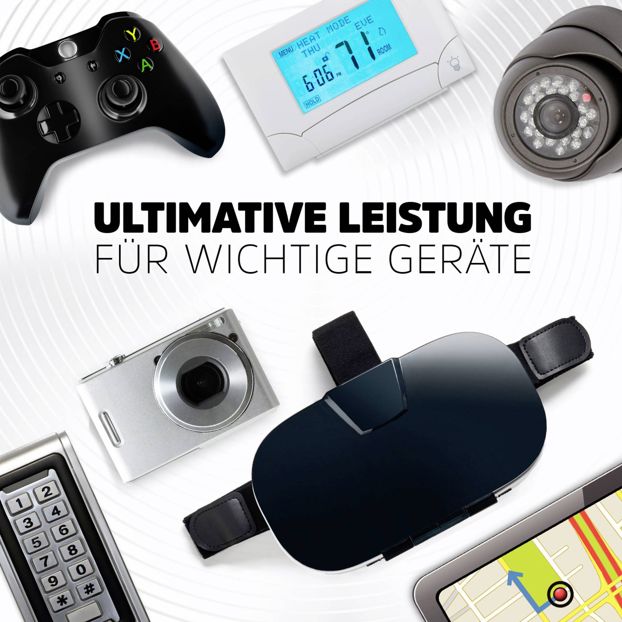 Eine Sammlung verschiedener Geräte wie ein Controller, eine Kamera und ein GPS-Gerät. Text: 'Ultimative Leistung für wichtige Geräte'.