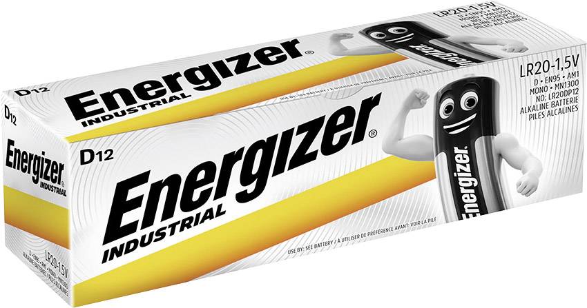 Verpackung einer 'Energizer Industrial'-Batterie, Modell D12, LR20 1,5V. Zeigt eine Batteriefigur mit Armen und einem Lächeln.