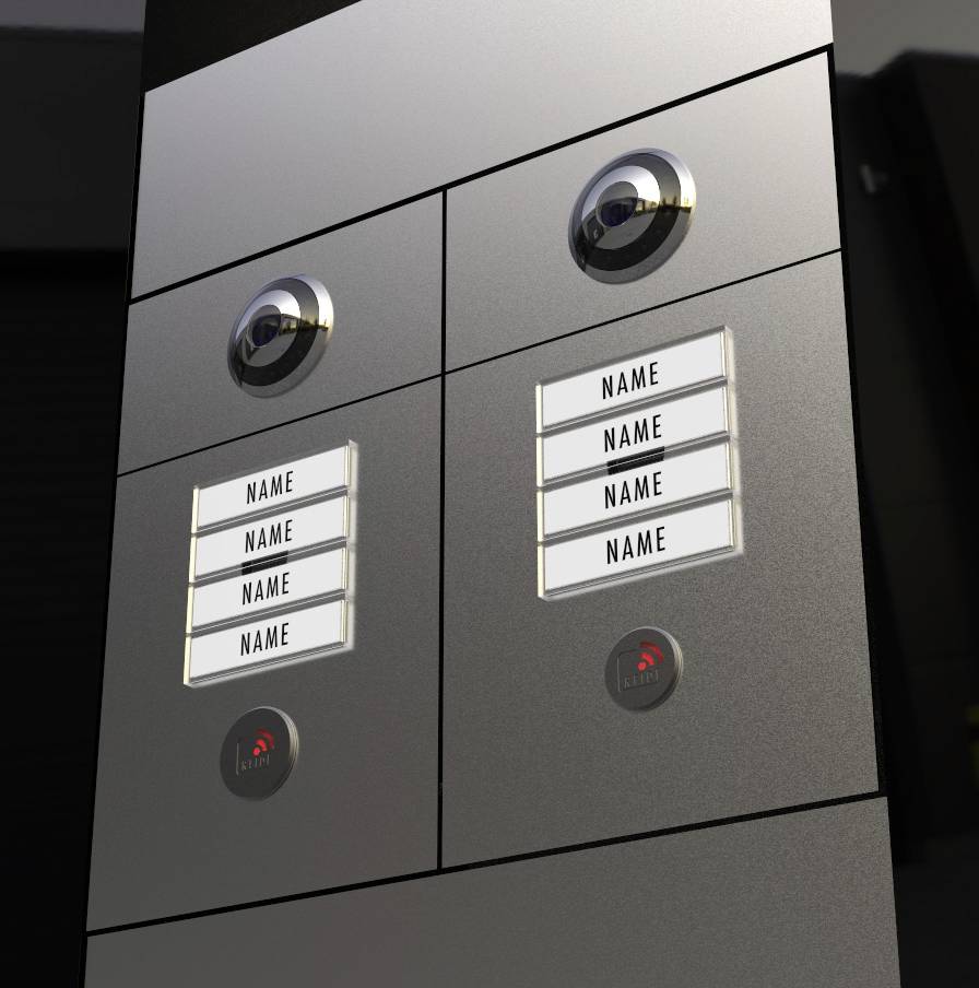 Briefkasten und Klingel mit mehreren Namensschildern in einem modernen Gebäude. Hergestellt aus glänzendem Metall.